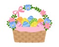 Easter basket flower decor colorful eggs vector Illustration